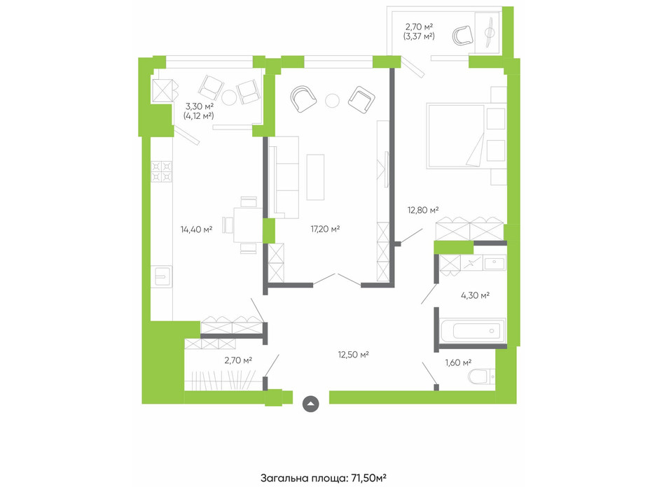 Планування 2-кімнатної квартири в ЖК Оселя парк 71.5 м², фото 158290 Планування 2-кімнатної квартири в ЖК Оселя парк 71.5 м², фото 158290