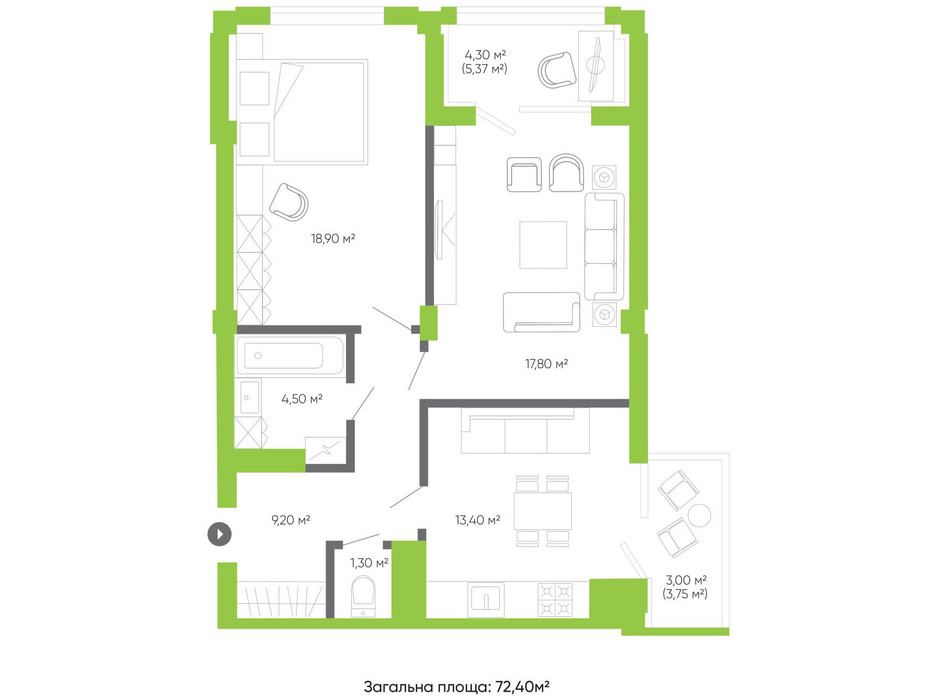Планировка 2-комнатной квартиры в ЖК Оселя парк 72.4 м², фото 158291 Планировка 2-комнатной квартиры в ЖК Оселя парк 72.4 м², фото 158291