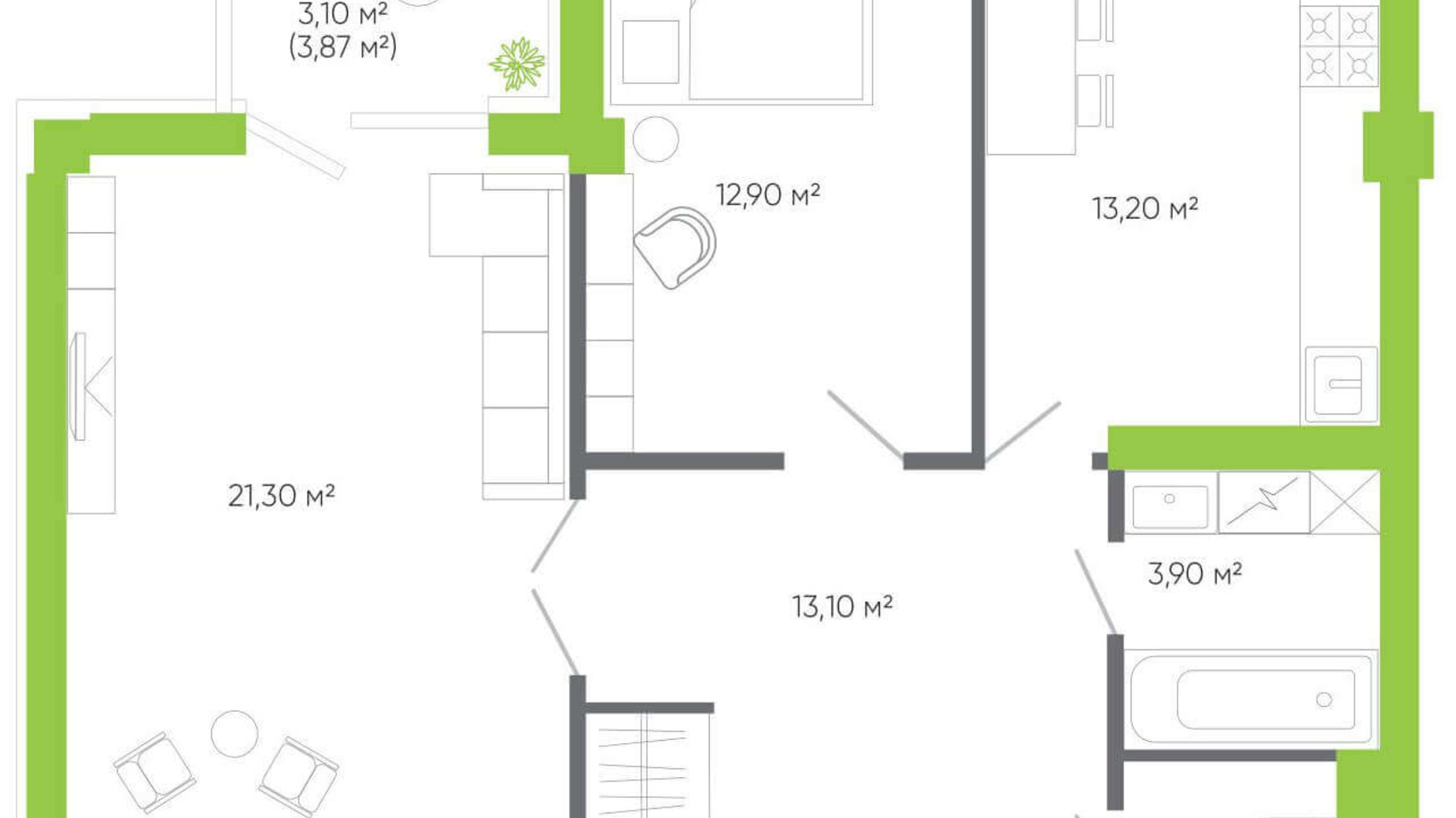 Планування 2-кімнатної квартири в ЖК Оселя парк 75.5 м², фото 158334