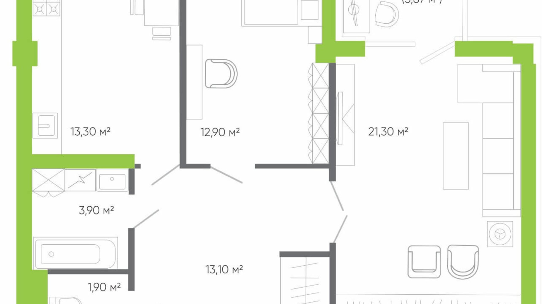 Планування 2-кімнатної квартири в ЖК Оселя парк 76.1 м², фото 158335