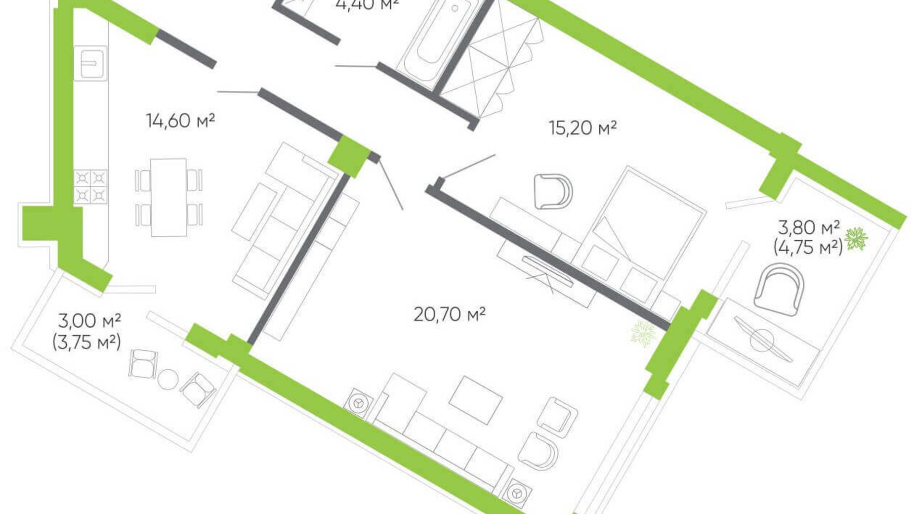 Планировка 2-комнатной квартиры в ЖК Оселя парк 80.1 м², фото 158339