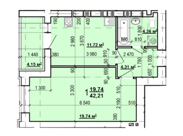 ЖК Миру-3: планування 1-кімнатної квартири 42.21 м²