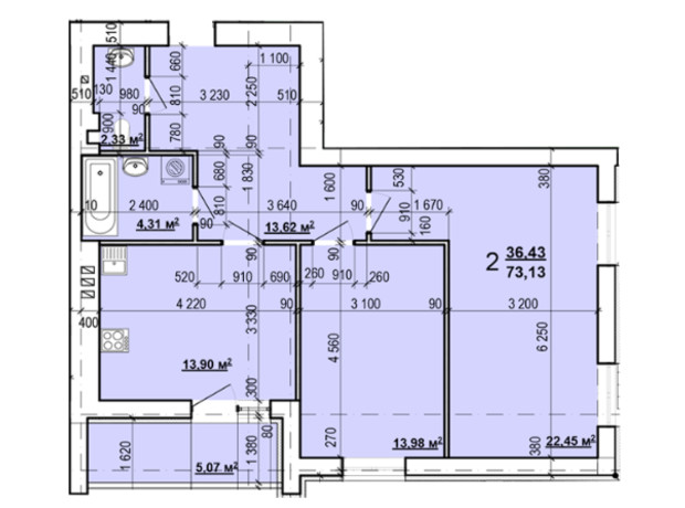 ЖК Миру-3: планування 2-кімнатної квартири 73.13 м²