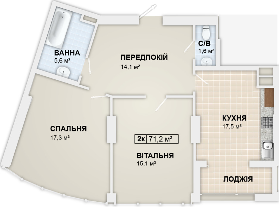 Планировка 2-комнатной квартиры в ЖК Lystopad 71.2 м², фото 158986 Планировка 2-комнатной квартиры в ЖК Lystopad 71.2 м², фото 158986