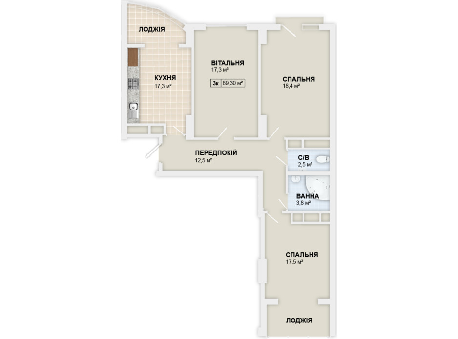 Планировка 3-комнатной квартиры в ЖК Lystopad 89.3 м², фото 158987 Планировка 3-комнатной квартиры в ЖК Lystopad 89.3 м², фото 158987