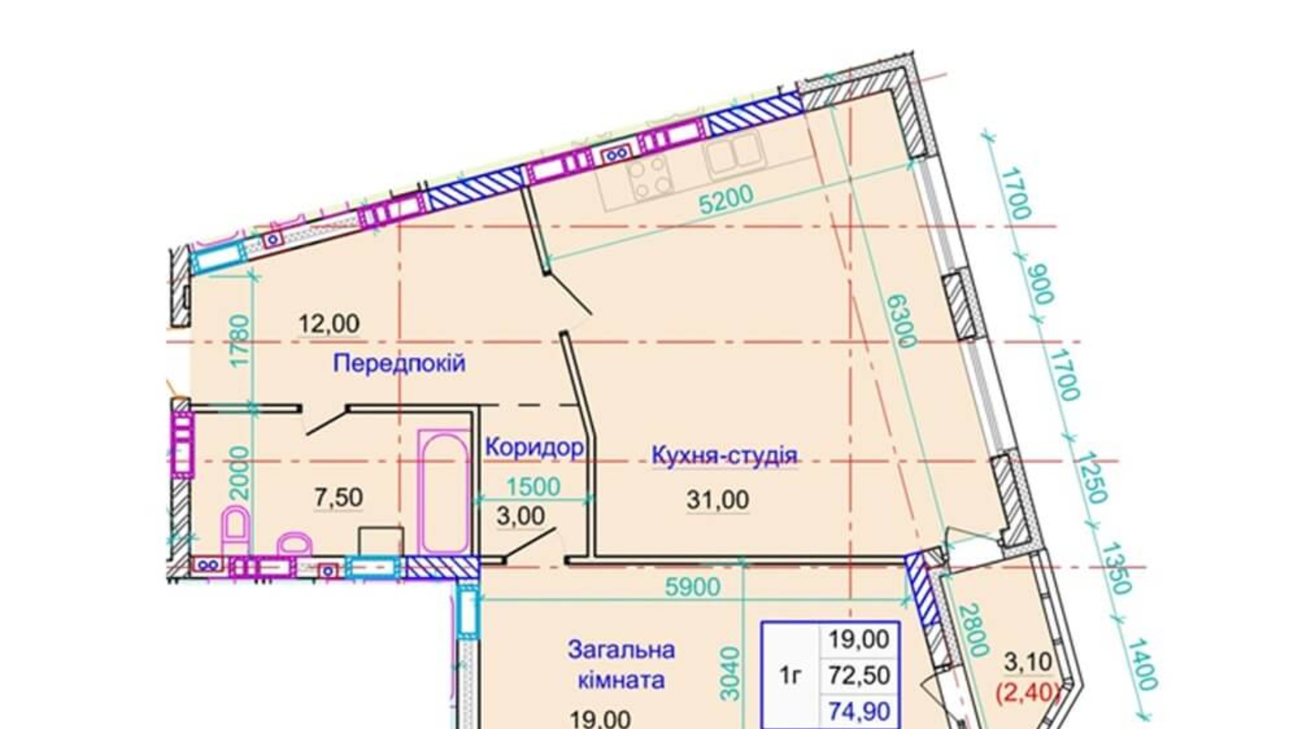 Планировка 1-комнатной квартиры в ЖК ул. Пилипа Орлика, 26 74.9 м², фото 159248