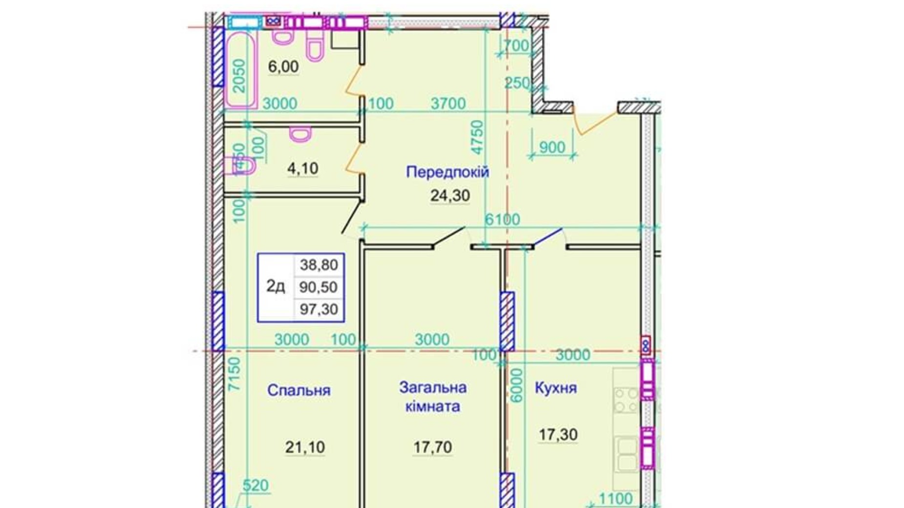 Планування 2-кімнатної квартири в ЖК вул. Пилипа Орлика, 26 97.3 м², фото 159252