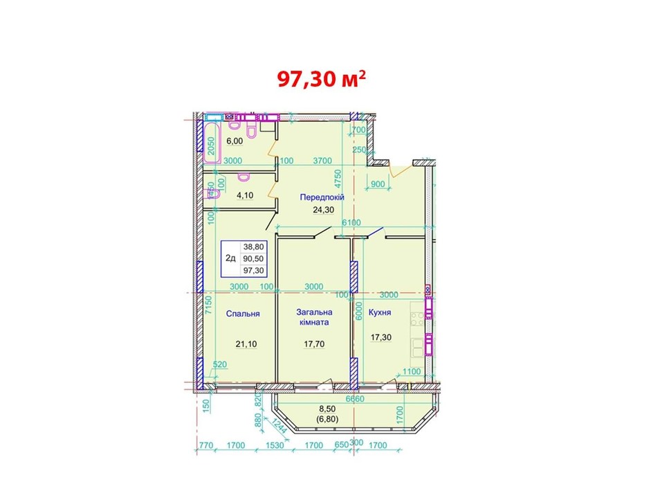 Планировка 2-комнатной квартиры в ЖК ул. Пилипа Орлика, 26 97.3 м², фото 159252 Планировка 2-комнатной квартиры в ЖК ул. Пилипа Орлика, 26 97.3 м², фото 159252