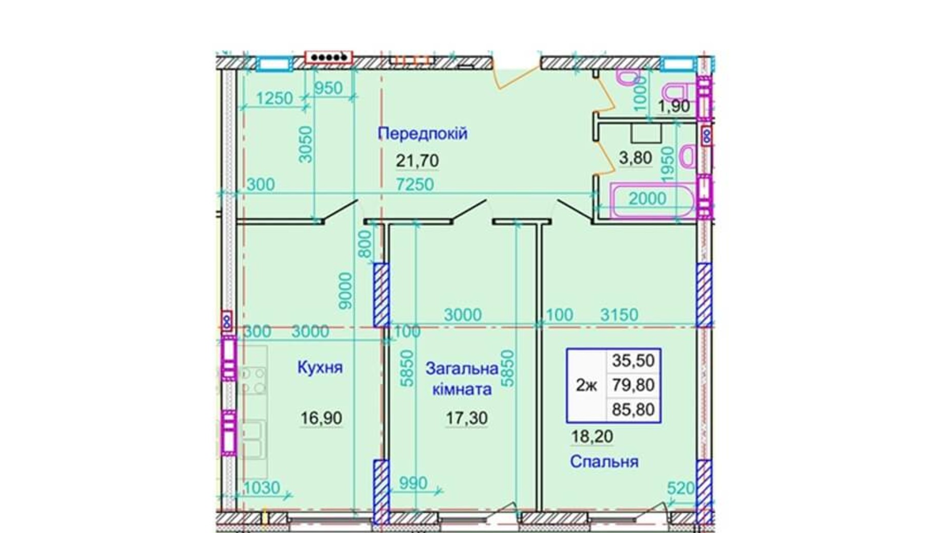 Планировка 2-комнатной квартиры в ЖК ул. Пилипа Орлика, 26 85.8 м², фото 159253