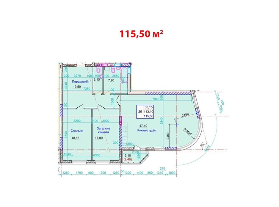 Планировка 2-комнатной квартиры в ЖК ул. Пилипа Орлика, 26 115.5 м², фото 159255 Планировка 2-комнатной квартиры в ЖК ул. Пилипа Орлика, 26 115.5 м², фото 159255