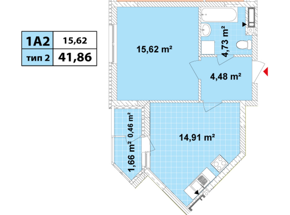 Планировка 1-комнатной квартиры в ЖК Сырецкие Сады 41.86 м², фото 159553 Планировка 1-комнатной квартиры в ЖК Сырецкие Сады 41.86 м², фото 159553