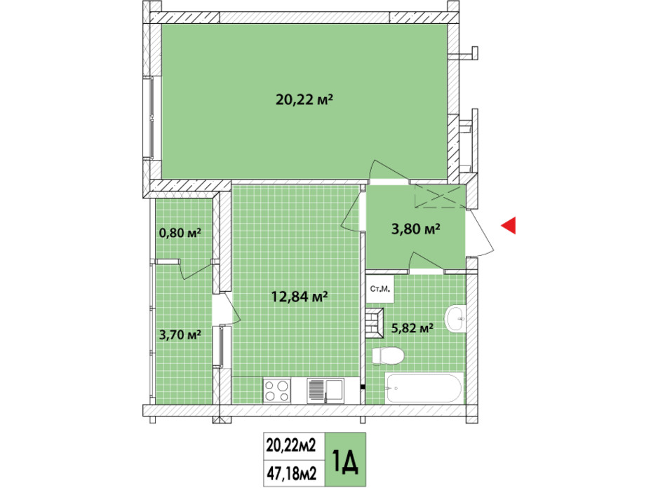 Планировка 1-комнатной квартиры в ЖК Сырецкие Сады 48.04 м², фото 159556 Планировка 1-комнатной квартиры в ЖК Сырецкие Сады 48.04 м², фото 159556