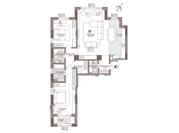 ЖК Камертон: планування 3-кімнатної квартири 122.71 м²