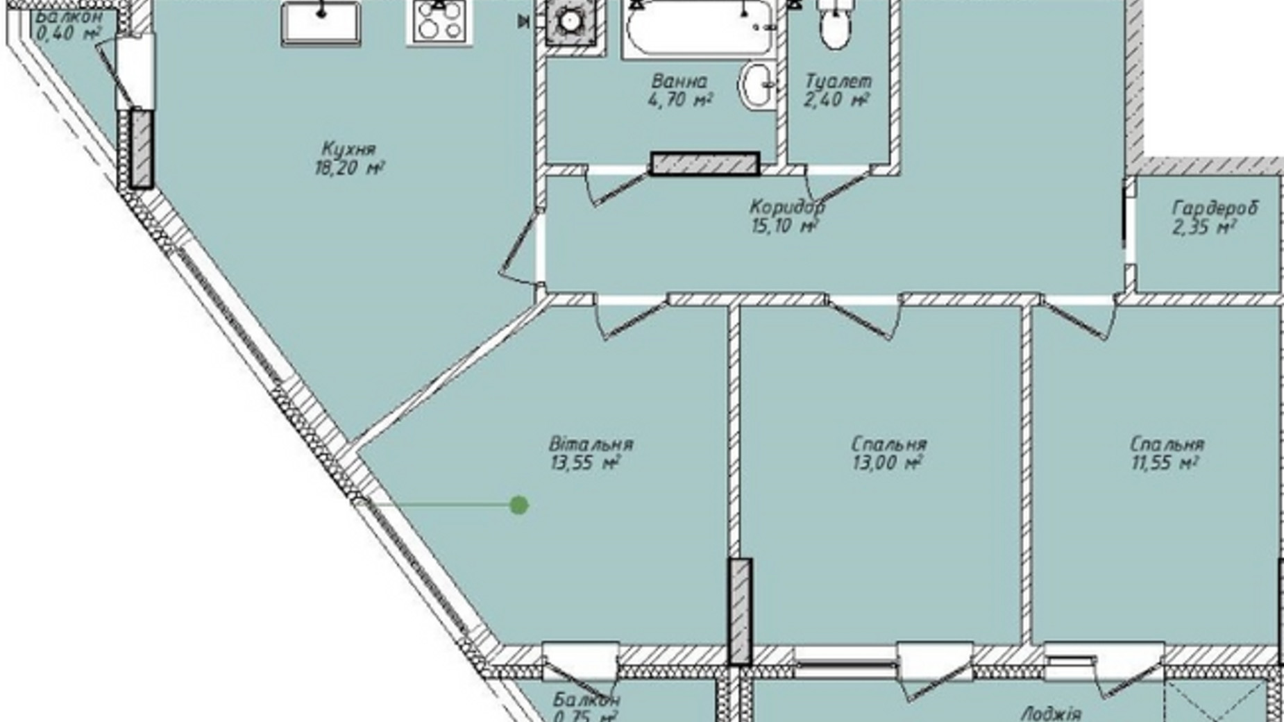 Планування 3-кімнатної квартири в ЖК Сад на Круглій 85.45 м², фото 160014