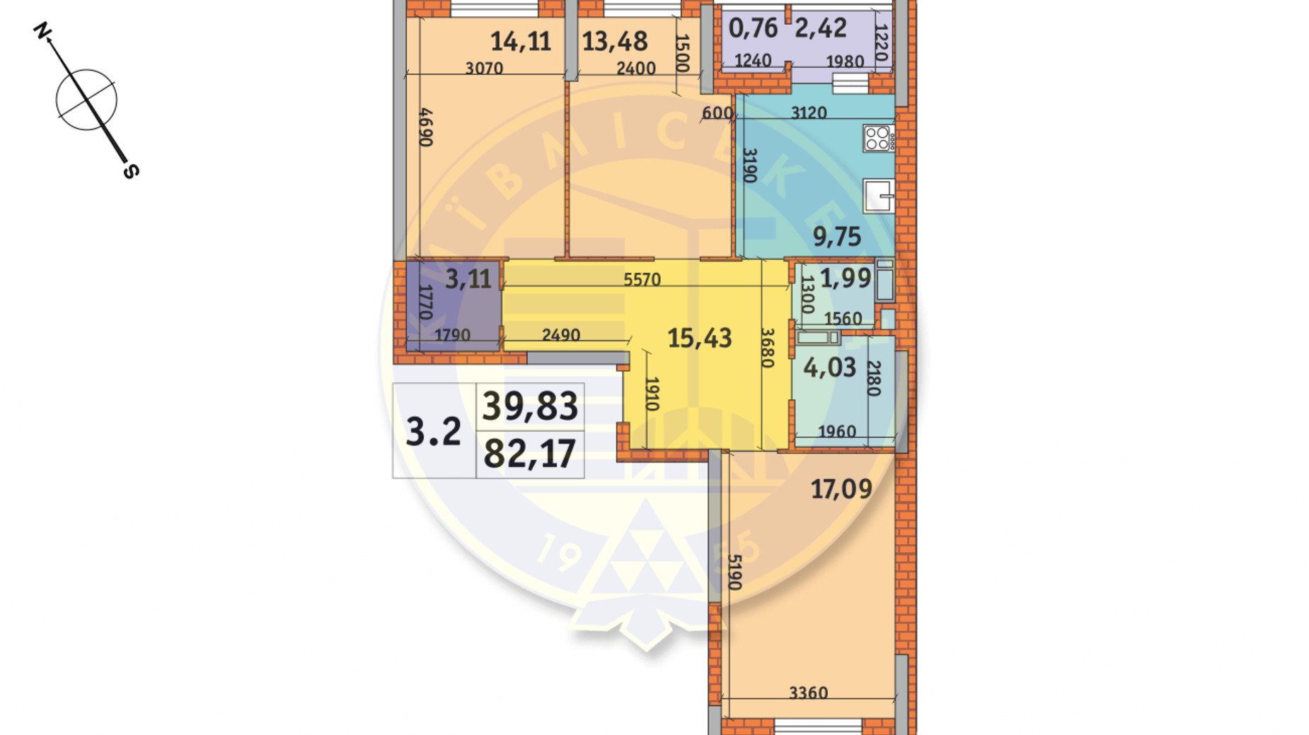 Планировка 3-комнатной квартиры в ЖК Пектораль 82.17 м², фото 160681