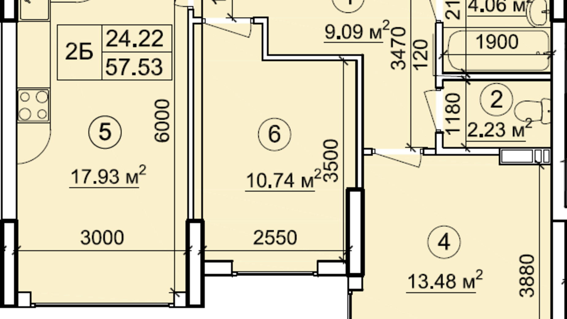 Планування 2-кімнатної квартири в ЖК Петрівський квартал 57.53 м², фото 160912