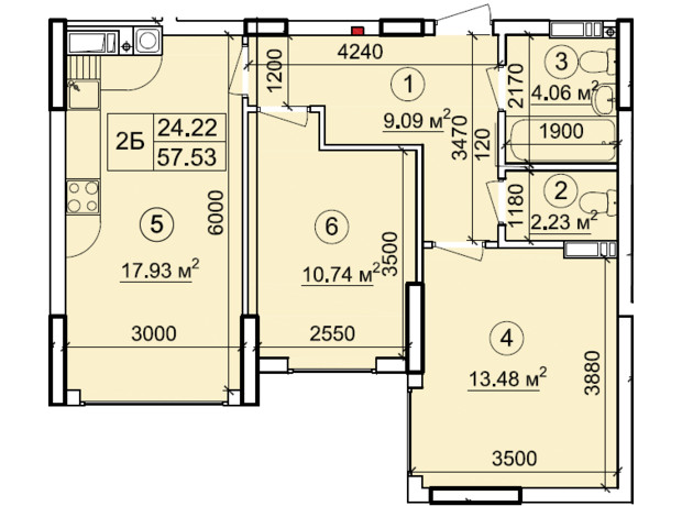 ЖК Петрівський квартал: планування 2-кімнатної квартири 57.53 м²