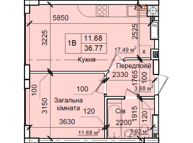 ЖК Петрівський квартал: планування 1-кімнатної квартири 36.77 м²