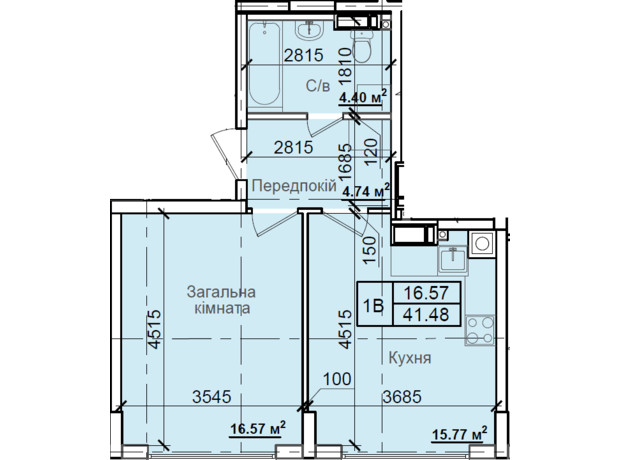 ЖК Петрівський квартал: планування 1-кімнатної квартири 41.48 м²