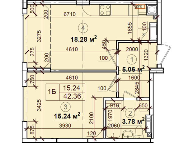 ЖК Петрівський квартал: планування 1-кімнатної квартири 42.36 м²