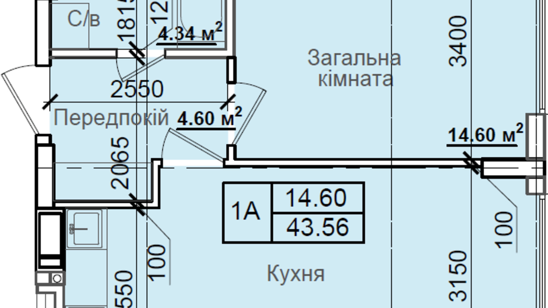 Планировка 1-комнатной квартиры в ЖК Петровский квартал 43.56 м², фото 160922