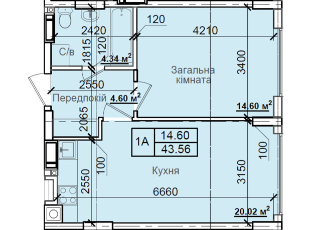 ЖК Петровский квартал: планировка 1-комнатной квартиры 43.56 м²