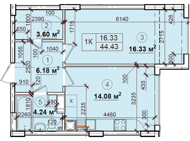 ЖК Петрівський квартал: планування 1-кімнатної квартири 44.43 м²