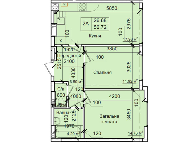 ЖК Петрівський квартал: планування 2-кімнатної квартири 56.72 м²