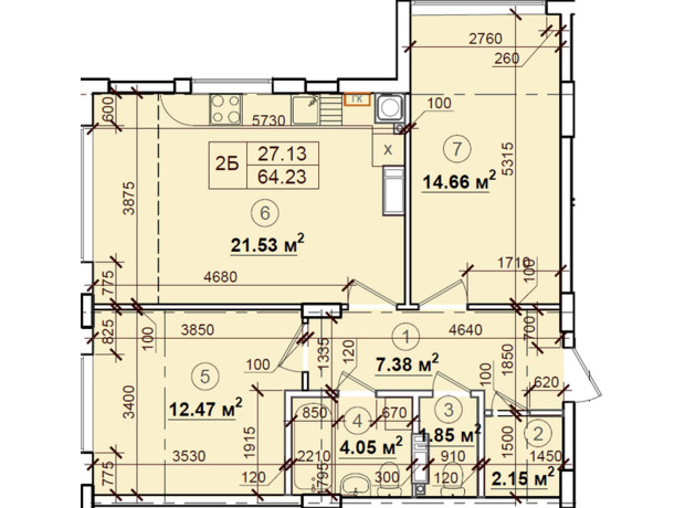 ЖК Петровский квартал: планировка 2-комнатной квартиры 64.23 м²