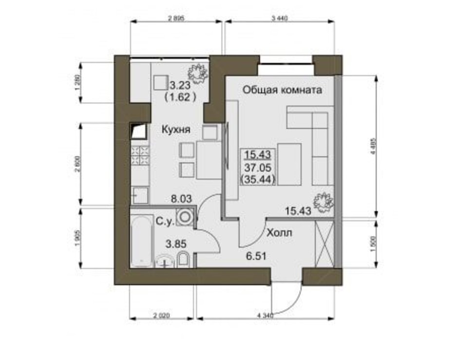 Планування квартири студії в ЖК Софіївський квартал 34 м², фото 161191 Планування квартири студії в ЖК Софіївський квартал 34 м², фото 161191