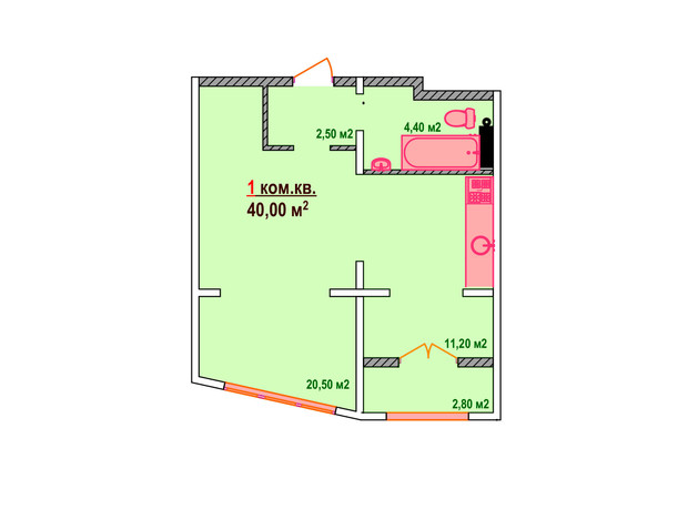 ЖК Казак Сити: планировка 1-комнатной квартиры 40 м²