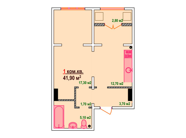 ЖК Казак Сити: планировка 1-комнатной квартиры 41.9 м²