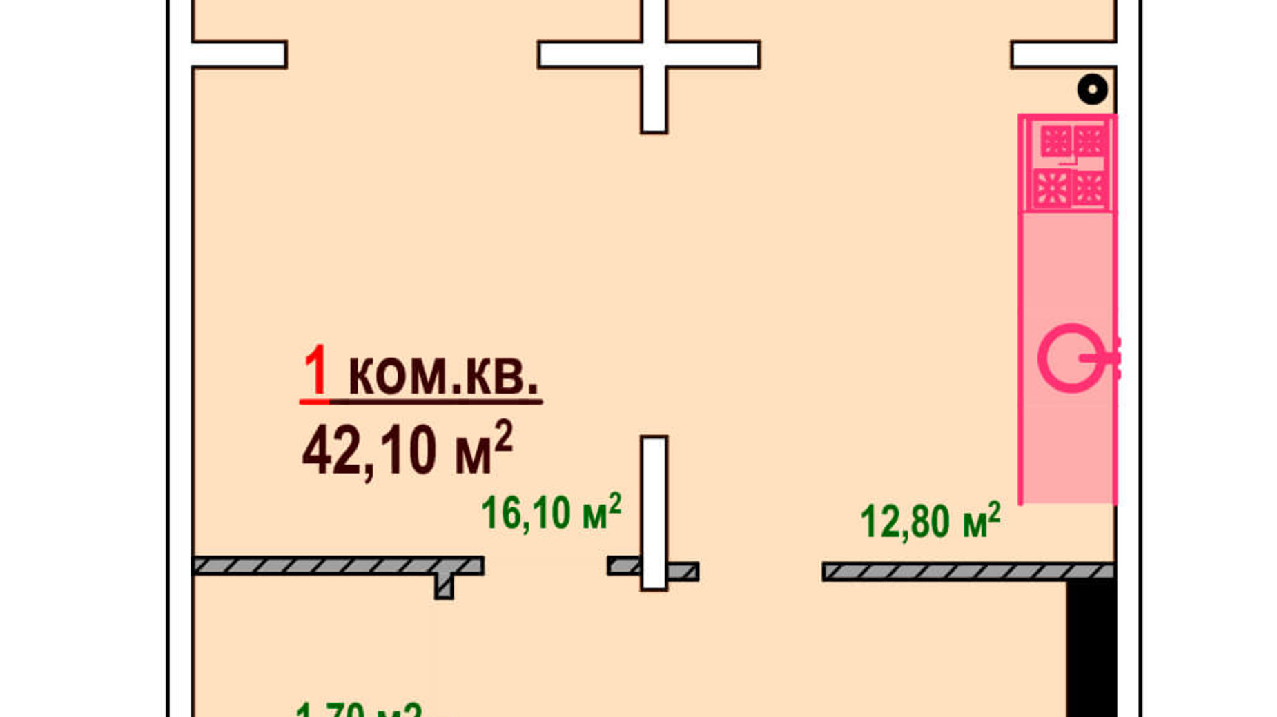 Планування 1-кімнатної квартири в ЖК Козак Сіті 42.1 м², фото 161881