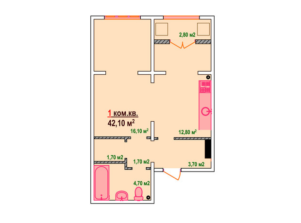 ЖК Казак Сити: планировка 1-комнатной квартиры 42.1 м²