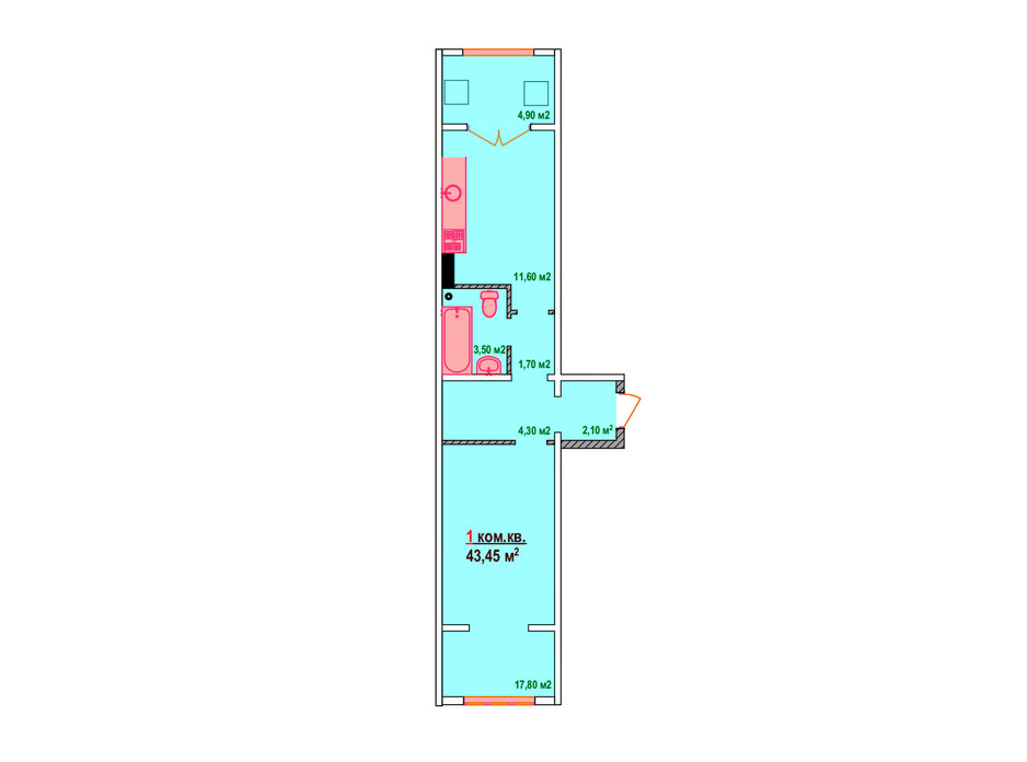 Планировка 1-комнатной квартиры в ЖК Казак Сити 43.45 м², фото 161882 Планировка 1-комнатной квартиры в ЖК Казак Сити 43.45 м², фото 161882