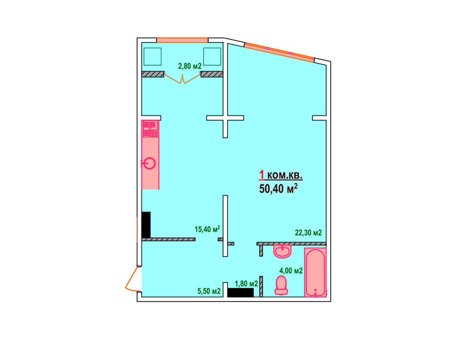 Планировка 1-комнатной квартиры в ЖК Казак Сити 50.4 м², фото 161883 Планировка 1-комнатной квартиры в ЖК Казак Сити 50.4 м², фото 161883