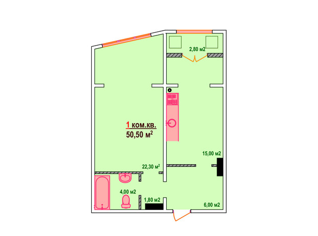 ЖК Казак Сити: планировка 1-комнатной квартиры 50.5 м²