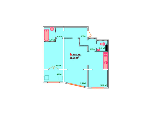 ЖК Казак Сити: планировка 2-комнатной квартиры 66.75 м²