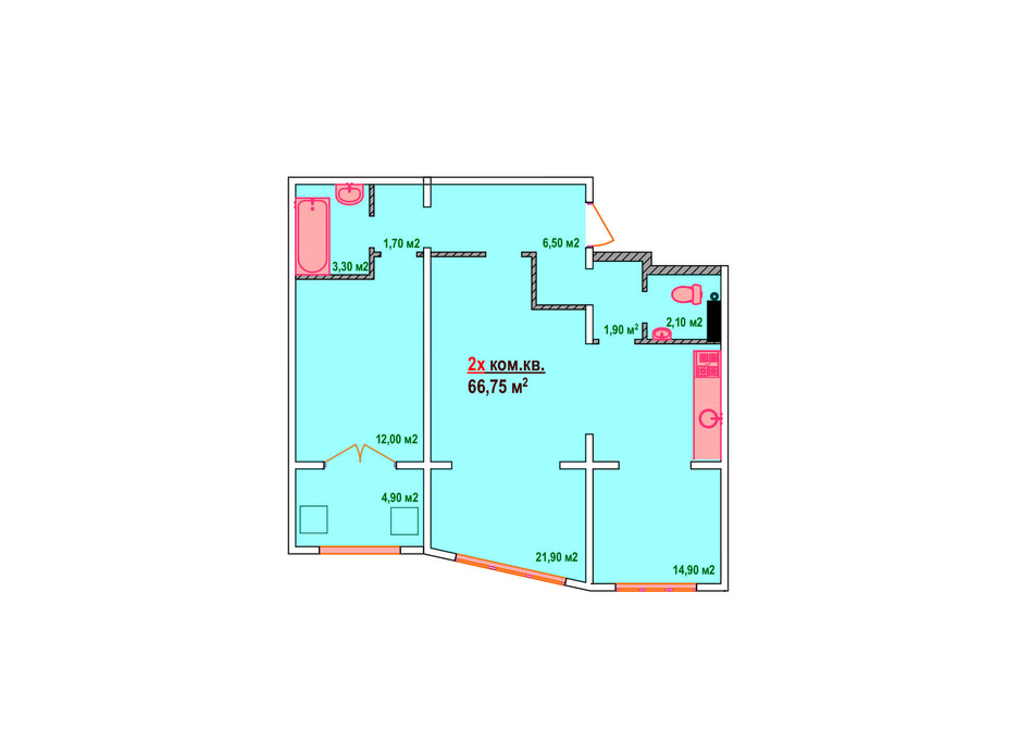 Планировка 2-комнатной квартиры в ЖК Казак Сити 66.75 м², фото 161889 Планировка 2-комнатной квартиры в ЖК Казак Сити 66.75 м², фото 161889