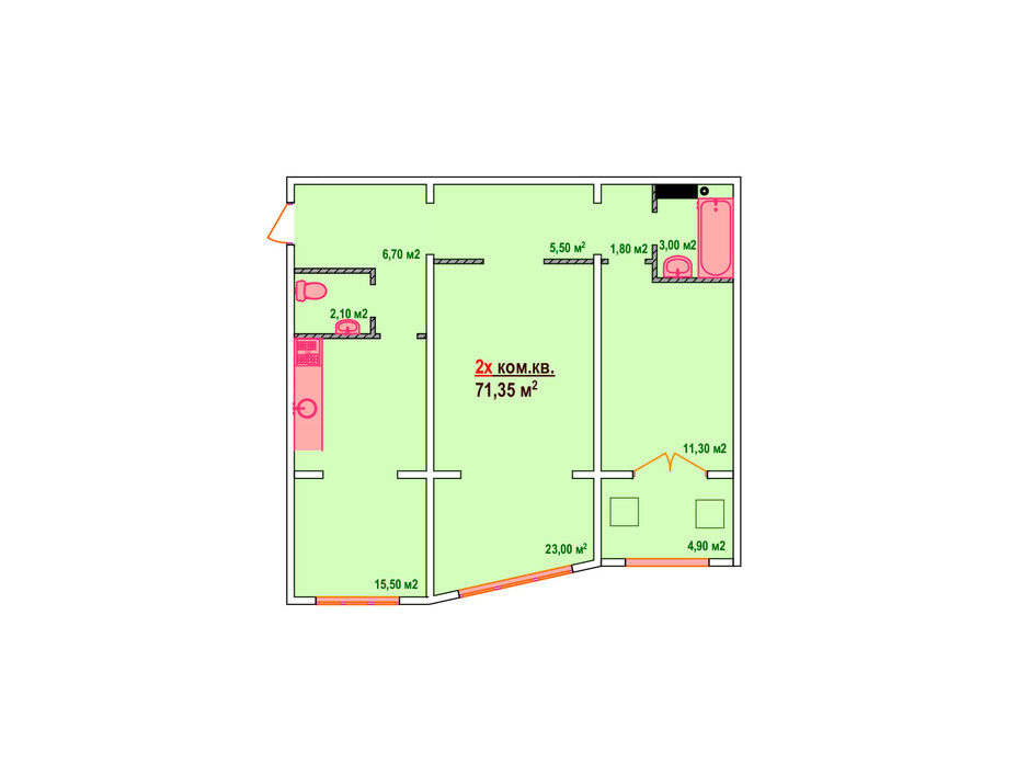 Планировка 2-комнатной квартиры в ЖК Казак Сити 71.35 м², фото 161890 Планировка 2-комнатной квартиры в ЖК Казак Сити 71.35 м², фото 161890