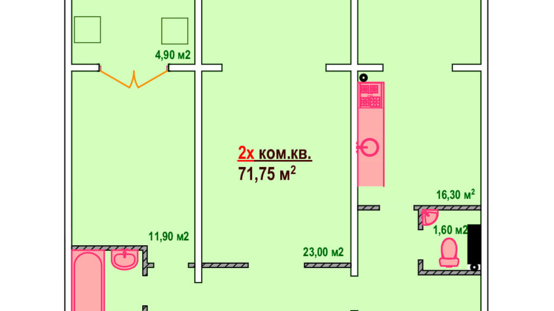 Планування 2-кімнатної квартири в ЖК Козак Сіті 71.75 м², фото 161891