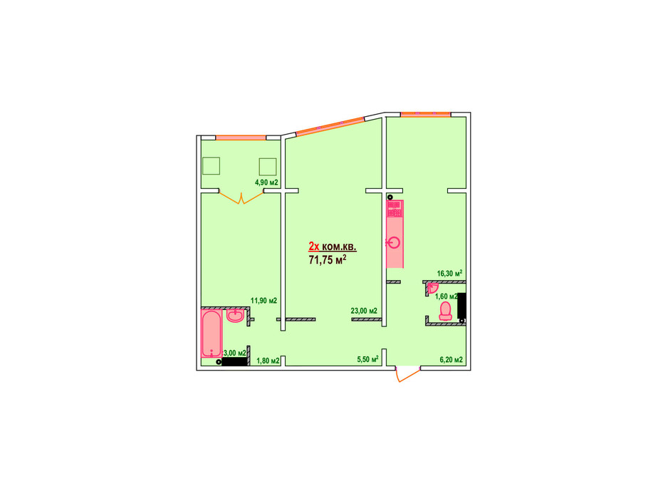 Планировка 2-комнатной квартиры в ЖК Казак Сити 71.75 м², фото 161891 Планировка 2-комнатной квартиры в ЖК Казак Сити 71.75 м², фото 161891