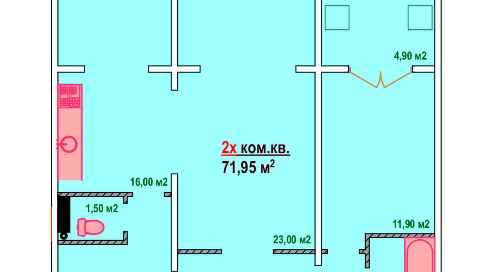 Планировка 2-комнатной квартиры в ЖК Казак Сити 71.95 м², фото 161892