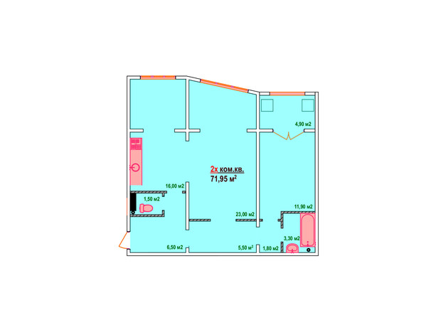 ЖК Казак Сити: планировка 2-комнатной квартиры 71.95 м²