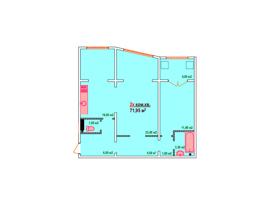 Планировка 2-комнатной квартиры в ЖК Казак Сити 71.95 м², фото 161892 Планировка 2-комнатной квартиры в ЖК Казак Сити 71.95 м², фото 161892