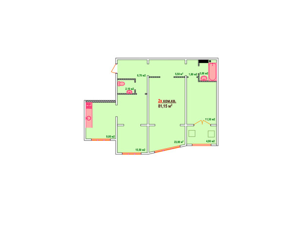 ЖК Козак Сіті: планування 2-кімнатної квартири 81.15 м²