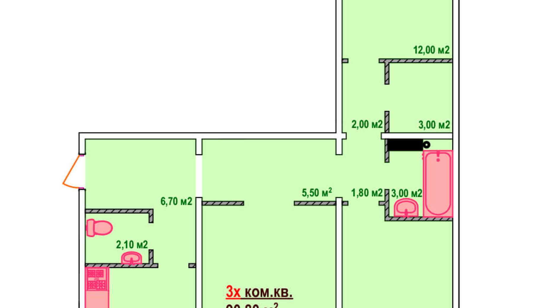 Планировка 3-комнатной квартиры в ЖК Казак Сити 90.8 м², фото 161894