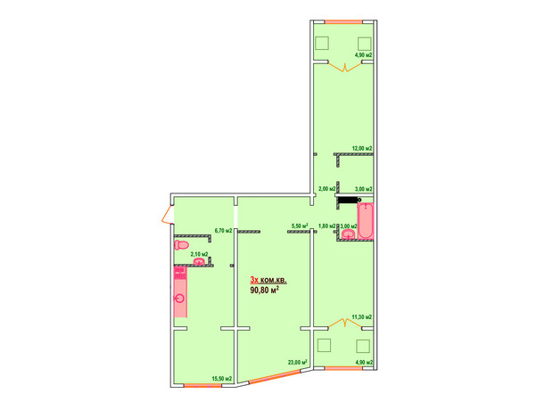 ЖК Казак Сити: планировка 3-комнатной квартиры 90.8 м²