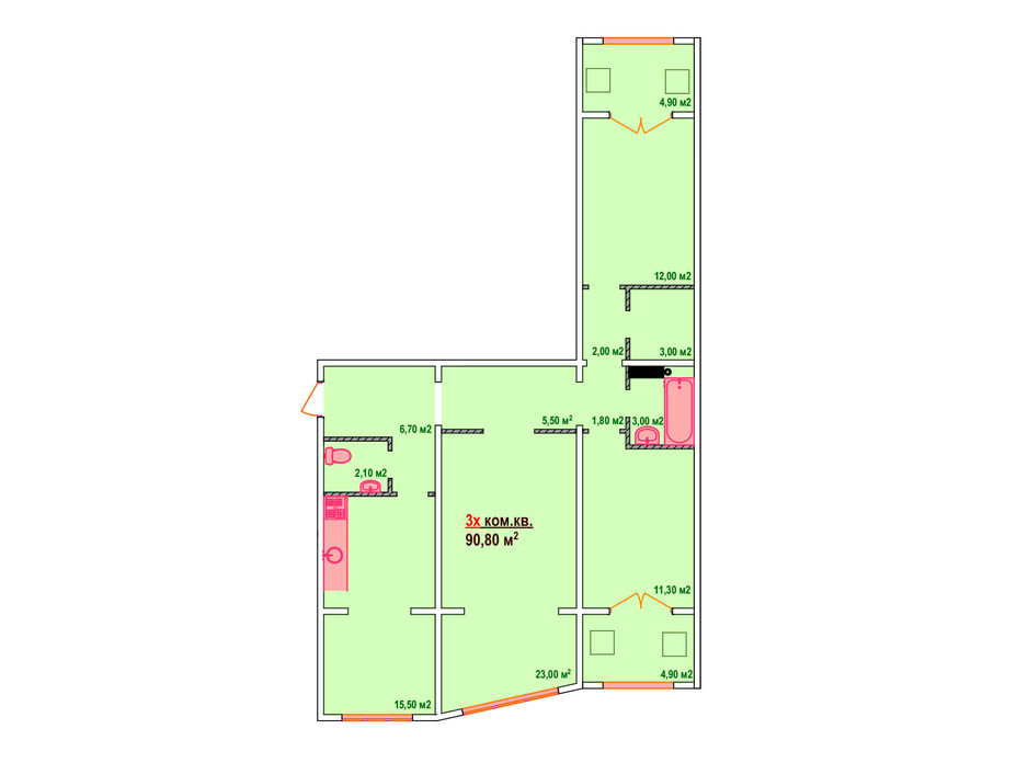 Планировка 3-комнатной квартиры в ЖК Казак Сити 90.8 м², фото 161894 Планировка 3-комнатной квартиры в ЖК Казак Сити 90.8 м², фото 161894