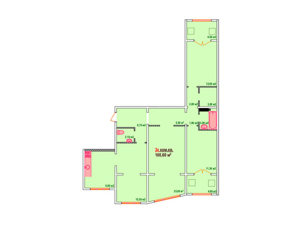 ЖК Казак Сити: планировка 3-комнатной квартиры 100.6 м²